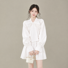 批发SourceWithU 梦核少女ning同款100棉光感纱拼接蝴蝶结衬衫<b class='q'>裙</b>
