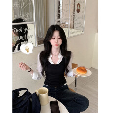 批发27 ONLINESTORE通勤风黑白色假两件<b class='q'>翻领</b>长袖<b class='q'>T</b><b class='q'>恤</b>女秋季设计感上衣