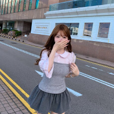 批发Lukira <b class='q'>学院</b><b class='q'>信笺</b> 粉色娃娃领针织拼接<b class='q'>衬衫</b>女秋冬收腰显瘦上衣