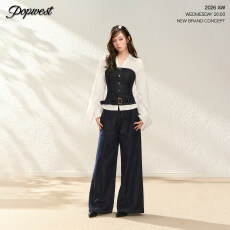 批发POPWEST | 撞色<b class='q'>牛仔</b>抹胸<b class='q'>背心</b>翻领衬衫真两件上衣休闲阔腿裤套装