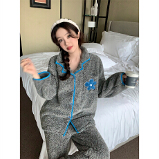 批发简约纯色加<b class='q'>绒</b><b class='q'>珊瑚</b><b class='q'>绒</b><b class='q'>睡衣</b>女秋冬季半边<b class='q'>绒</b>家居服灰蓝小花两件套官方