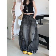 批发实拍大码   水洗做旧磨破弯刀牛仔裤女<b class='q'>街头</b>宽松显瘦阔腿坠感长裤