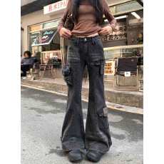 批发实拍<b class='q'>大码</b>    美式水洗复古多口袋微喇牛仔裤女垂感阔腿工装长裤潮