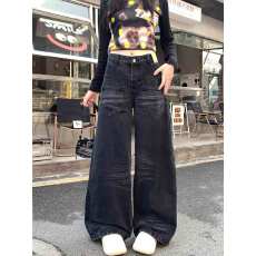 批发实拍<b class='q'>大码</b>    美式水洗做旧猫须反装牛仔裤女宽松直筒垂感阔腿长裤