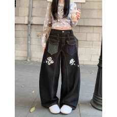 批发实拍大码    美式水洗波点口袋解构牛仔裤女宽松垂感阔腿弯刀长裤