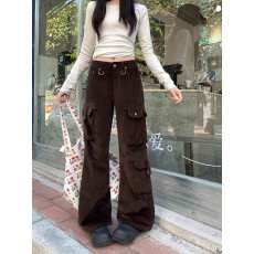 批发实拍大码    美式灯芯绒多口袋工装微喇休闲裤女修身垂感阔腿长裤