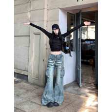 批发实拍<b class='q'>大码</b>    街头水洗做旧立体口袋工装牛仔裤女显瘦垂感阔腿<b class='q'>长裤</b>