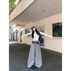 批发实拍<b class='q'>大码</b>     美式格纹拼接弯刀休闲裤女宽松慵懒感垂感阔腿<b class='q'>长裤</b>