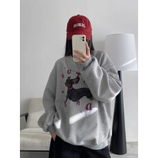 批发韩国东大门韩版休闲宽松圆领套头腊肠狗印花卫衣女