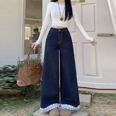 批发深蓝色高腰蝴蝶结格子拼接a版阔腿牛仔<b class='q'>裤</b>女宽松显瘦垂感拖地<b class='q'>裤</b>潮