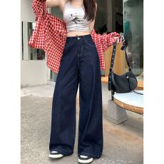 批发复古高腰阔腿牛仔<b class='q'>裤</b>女春秋新款深蓝色百搭显瘦宽松遮肉垂感长<b class='q'>裤</b>子