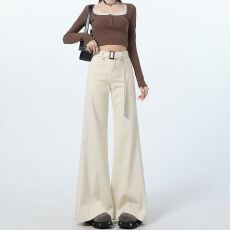 批发2026春夏新款米杏色<b class='q'>胖</b><b class='q'>mm</b><b class='q'>大码</b>高腰牛仔裤女宽松显瘦百搭拖地阔腿裤