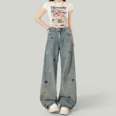 批发美式小狗刺绣新款大码高腰牛仔裤女春夏<b class='q'>胖</b><b class='q'>mm</b><b class='q'>显瘦</b>直筒拖地阔裤腿