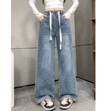 批发抽绳松紧高腰<b class='q'>牛仔裤</b>女春秋2026年新款<b class='q'>直筒</b>宽松百搭显瘦拖地阔腿裤