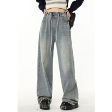 批发2026新款浅色松紧腰抽绳<b class='q'>牛仔裤</b>女夏季<b class='q'>直筒</b>宽松阔腿拖地裤