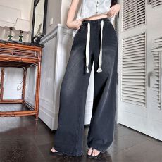 批发黑色<b class='q'>牛仔裤</b>女2026新款显瘦<b class='q'>直筒</b>松紧腰抽绳阔腿裤子潮