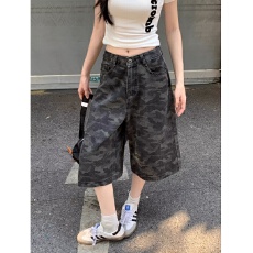 批发美式迷彩阔腿牛仔七分裤女夏季2026新款休闲显瘦工装<b class='q'>直筒</b>短裤