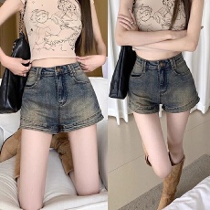 批发春夏港风复古蓝牛仔短裤女学生辣妹高腰显瘦包臀裤子做旧A字热裤