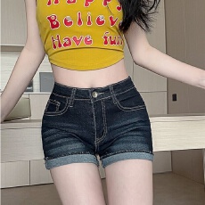 夏季新款小个子辣妹复古设计翻边牛仔短裤女低腰卷边弹力热裤潮