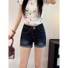 批发美式做旧紧身<b class='q'>卷</b><b class='q'>边</b><b class='q'>牛仔</b><b class='q'>短裤</b>女2026夏低腰显瘦大码a字包臀弹力热裤