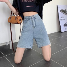 批发浅蓝牛仔短<b class='q'>裤</b>女夏新款复古蓝高腰直筒显瘦阔腿中<b class='q'>裤</b>休闲<b class='q'>百搭</b>五分<b class='q'>裤</b>