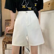 批发白色五分中<b class='q'>裤</b>子牛仔短<b class='q'>裤</b>女夏季薄款高腰宽松<b class='q'>百搭</b>ins爆款直筒阔腿