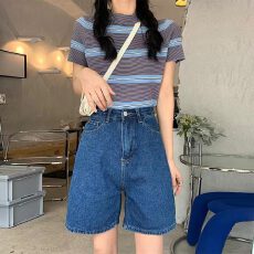 批发韩版舒适休闲风深蓝色牛仔短裤女2026夏季薄款韩版宽松复古阔腿裤