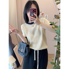 批发天猫抖音质量小香风镂空撞色针织短袖t恤女夏季薄款复古别致上衣