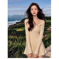 批发天猫抖音质量温柔系气质V领米杏色长袖连衣裙女2025新款打底A字裙