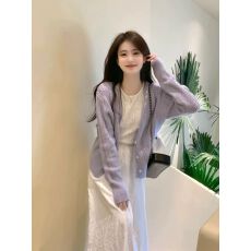 批发天猫抖音质量紫色镂空毛衣薄款外套女<b class='q'>春</b>夏温柔风开衫气质针织衫