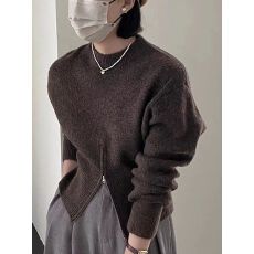 批发设计感下摆拉链半高领套头毛衣慵懒风宽松休闲针织衫