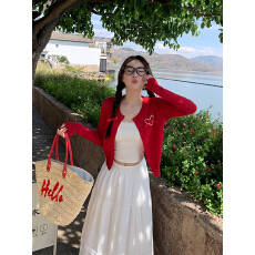 批发【圣诞红新年红】温柔风灰色针织<b class='q'>开衫</b>新款开春穿搭薄防晒上衣外套