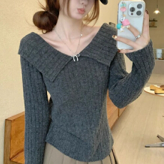 批发天猫抖音质量法式甜美秋冬减龄修身翻领坑条高级感长袖针织衫上衣