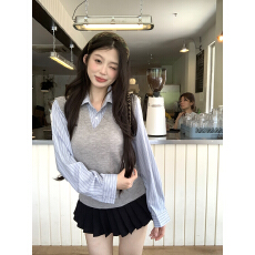 批发学院风假两件针织拼接长袖<b class='q'>衬衫</b>秋季新款<b class='q'>衬衣</b>学生女ins