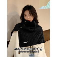 批发新款钮扣围脖女秋冬季韩版百搭套头保暖护颈脖套外搭开叉针织披肩