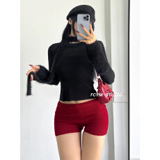 批发【本命年新年红】美式复古休闲针织短裤气质性感显瘦a字包臀裤女