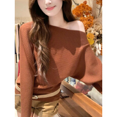 批发韩系慵懒风斜肩毛衣<b class='q'>针织衫</b>女2025秋冬季新款<b class='q'>不规则</b>露肩蝙蝠袖上衣