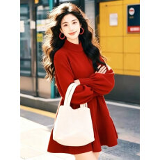 批发【本命年新年红】泡泡袖红色针织连衣裙秋<b class='q'>冬</b>季收腰A字蓬蓬娃娃裙