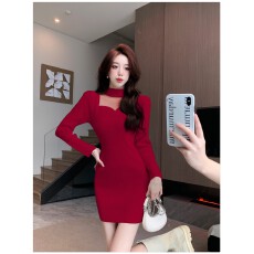 批发【圣诞红新年红】网纱拼接针织毛衣连衣裙女秋冬打底修身包臀短裙