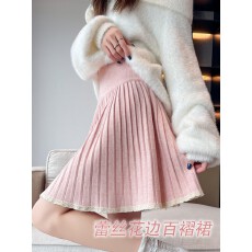 批发（包心纱）甜美<b class='q'>蕾丝</b>花边百褶裙秋季新款高腰显瘦A字裙针织<b class='q'>半身裙</b>