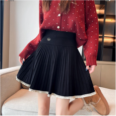 包心纱甜美蕾丝花边百褶裙秋季新款高腰显瘦A字裙针织半身裙