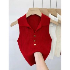 批发【圣诞红新年红】纽扣Polo领针织背心女春<b class='q'>夏</b>季法式无袖独特上衣