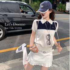 批发夏日限定学院<b class='q'>拼</b>接POLO领针织衫女短袖2026新款<b class='q'>韩</b>系上衣