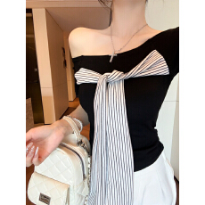 批发复古条纹撞色绑带短袖T恤女夏季内搭外穿带<b class='q'>胸</b>垫修身显瘦露肩上衣