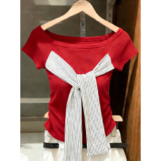 批发甜美风拼接条纹绑带带<b class='q'>胸</b>垫短袖2026春季修身显瘦内搭外穿气质上衣