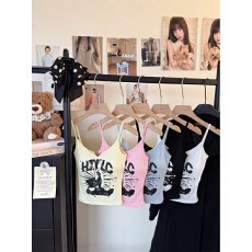 批发毛边短款带胸垫吊带背心夏季美背设计感修身印花辣妹显瘦性感上衣