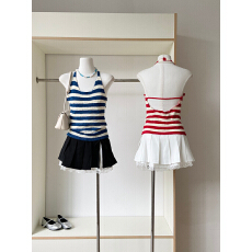 批发挂脖圆领拼色条纹<b class='q'>无袖</b>针织背心女2026夏季新款韩版百搭修身吊带衫