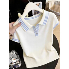 批发80-200斤内可穿大码女装S-XXXL法式学院风撞色条纹polo领针织短袖