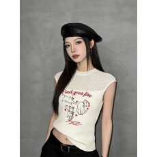 批发猫咪印花针织衫背心女修身拼接坎肩马甲上衣立领无袖打底衫内搭