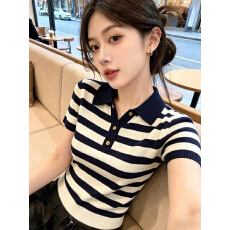 批发80-200斤内可穿 <b class='q'>大码</b>女装 S-XXXL夏季polo领薄款条纹冰丝t恤上衣